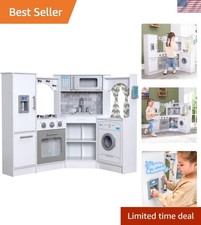 Ultimate Corner Wooden Play Kitchen with Lights Sounds, Play Phone and Curt...