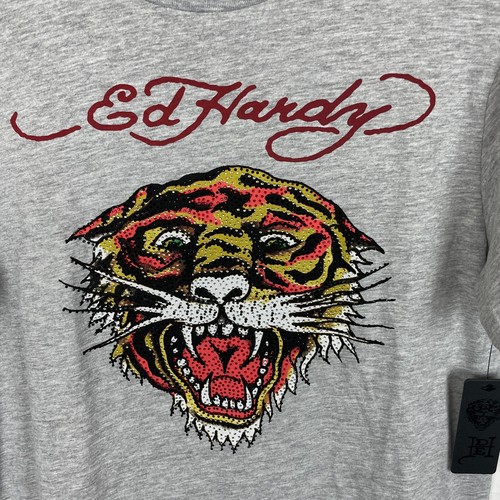 Ed Hardy Men's Rhinestone Gray Tiger Tee Shirt Short Sleeve Crew Neck Size M - Picture 2 of 9