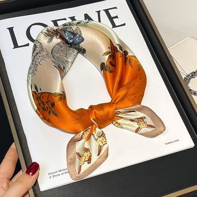 100% Mulberry Silk 21'' Square Scarf Women Neckerchief Wrap White Orange Rabbit