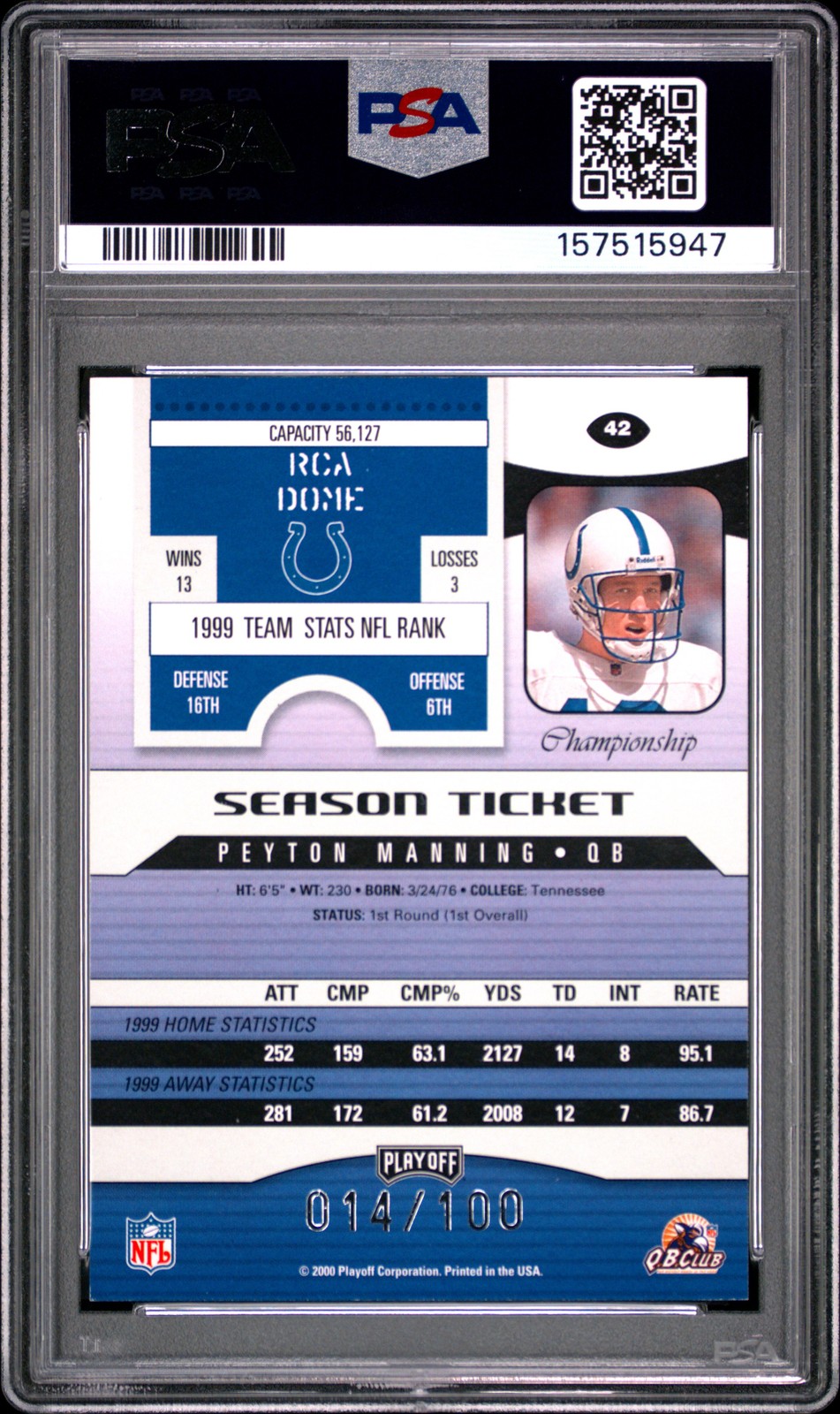 2000 PLAYOFF CONTENDERS CHAMPIONSHIP TICKET #42 PEYTON MANNING 14/100 PSA 7 view 2