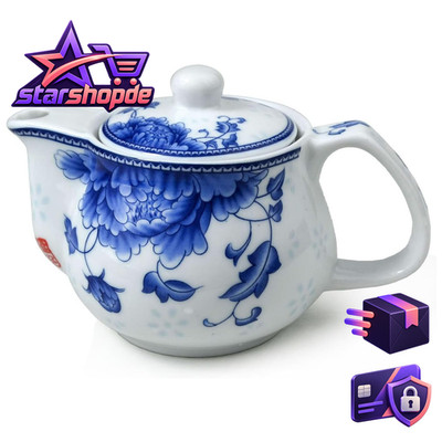 Teekanne Porzellan 266ml Blau Weiß mit Edelstahl-Teesieb Chinesisch Geschenk