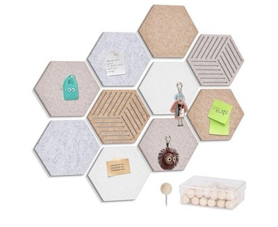 Hexagon Felt Bulletin Board Tiles Set, Wall-Mounted Framed Modern Memo Notes