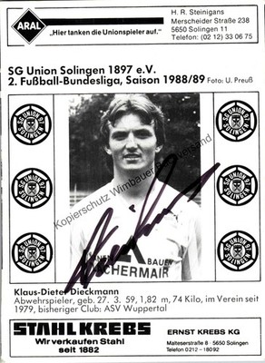 Original Autogramm Klaus-Dieter Dieckmann SG Union Solingen /// Autograph signie