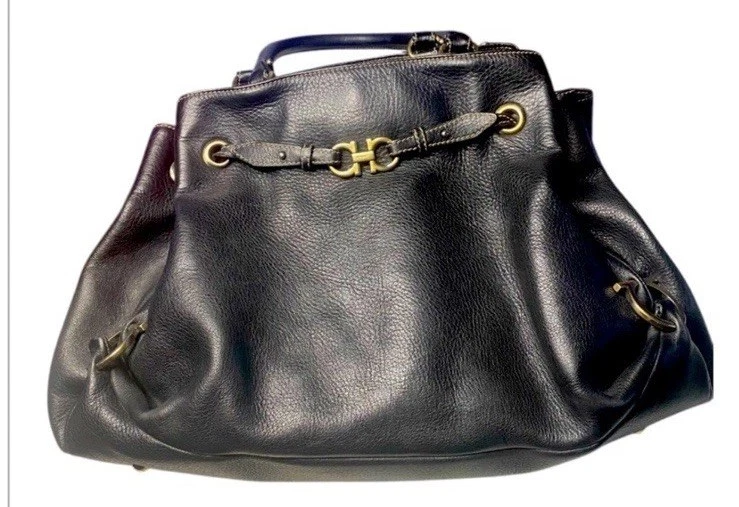 Salvatore Ferragamo Black Gancini Leather Drawstring Hobo Handbag - Image 3 of 4