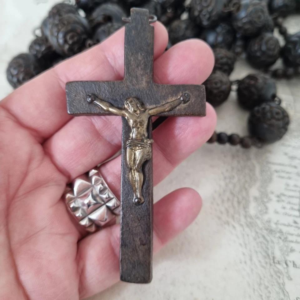 Grand Rosaire Ancien Milieu XIXè Bois Sculpté 148cm Chapelet French Rosary 19C - Photo 4/4