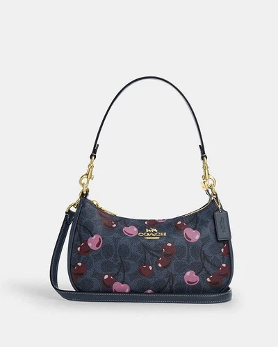 Borsa a tracolla Coach Teri nuova con etichetta in tela firmata con stampa ciliegia borsetta denim