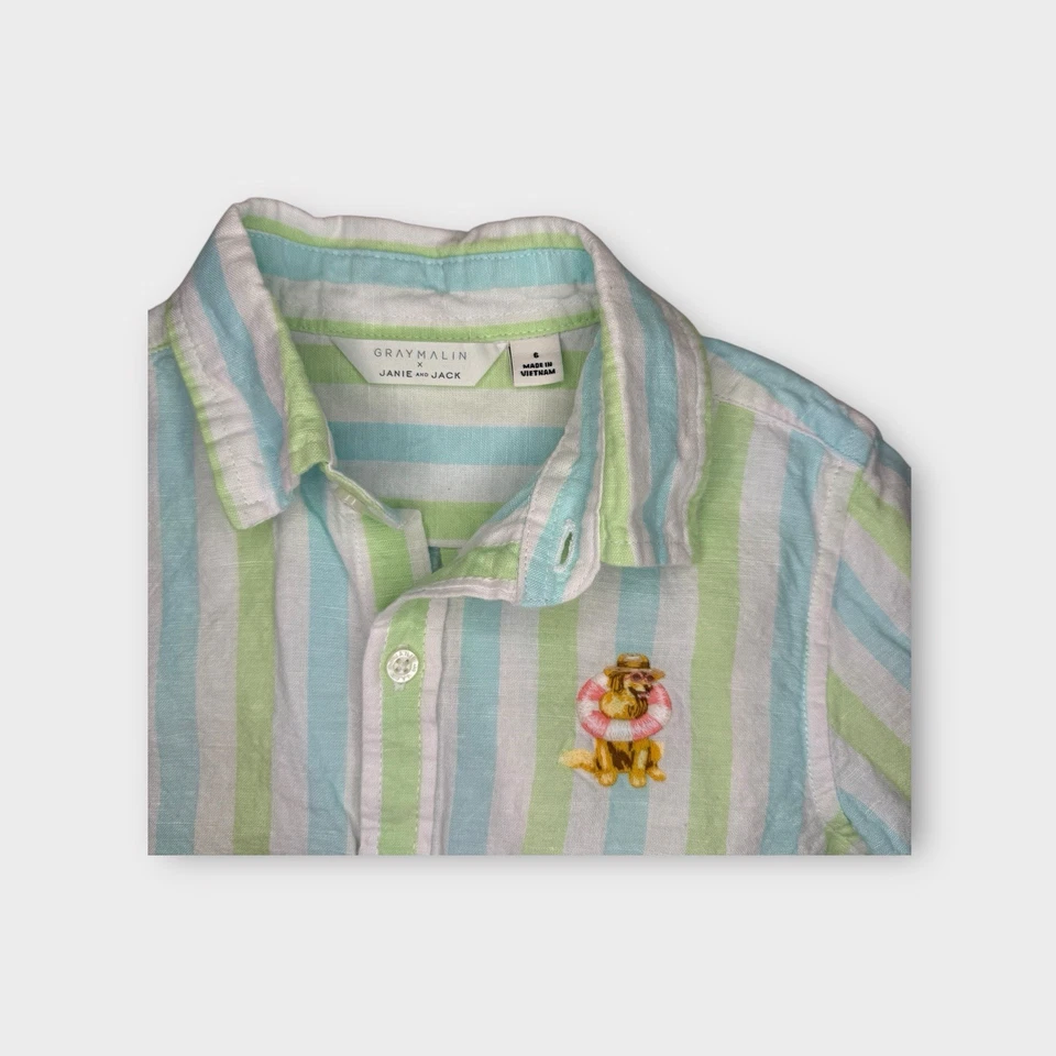 Camisa gris Malin x Janie and Jack verde y azul con botones de lino manga larga Foto 4 de 4