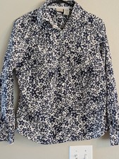 L.L. Bean Floral Collared Button-Up Shirt White Navy Cotton S Regular