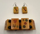 Vintage Handmade Bakelite Mahjong Jewelry Set Yellow Black Adjustable Bracelet