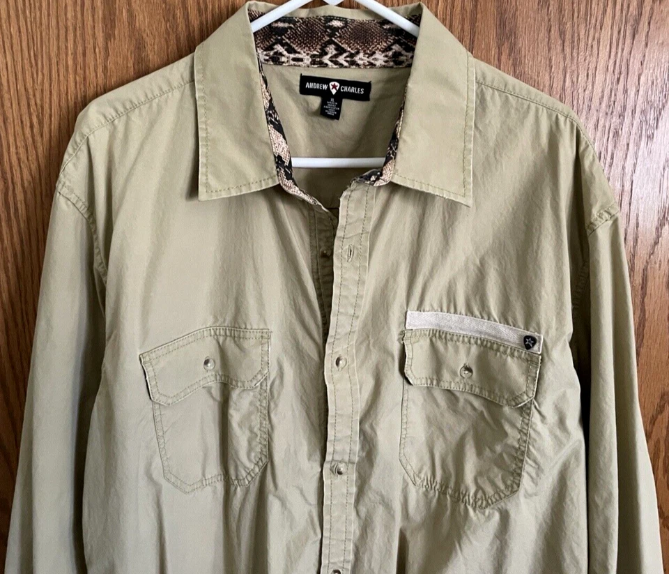 Camisa Andrew Charles Caqui Manga Larga Botón Delantero 2 Bolsillos Para Hombre Talla XL Foto 2 de 4