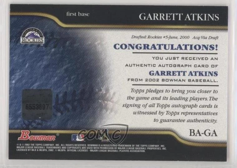 2002 Bowman Auto Garrett Atkins #BA-GA Rookie Auto RC - Image 2 of 2
