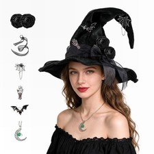 Witch Hat for Women Shapeable Black Velvet Wide Brim Pointed Halloween