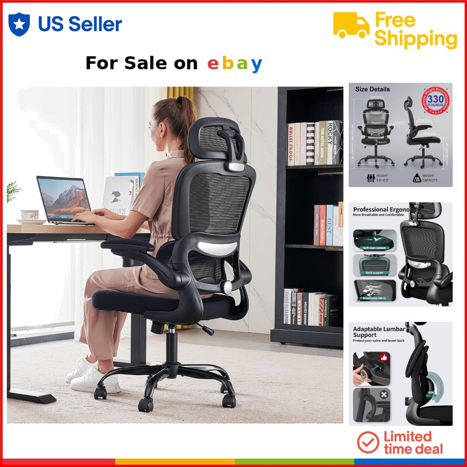 Ergonomic Mesh Office Chair Black 330 LBS Support Adjustable Swivel Comfortable