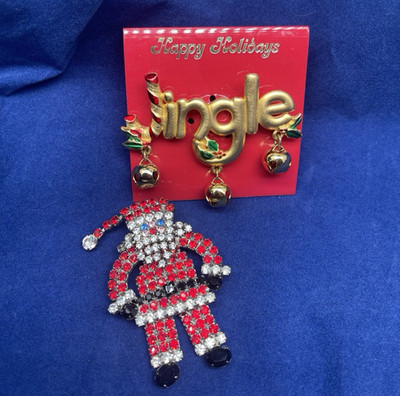 Set Of 2 Christmas Pins 1 Swarovski Santa Pin And 1 New Jingle Pin with Tags