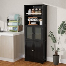 Bathroom Tall Storage Cabinet Linen Tower w/ Glass Door Adjustable Shelf Black