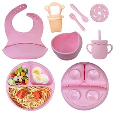 Silicone Baby Feeding Set 8 Pcs, Spill-Proof Suction Plate, Bowl, Bib, Silicone