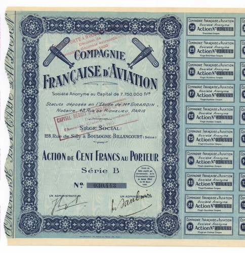 Compagnie Francaise d‘ AVIATION S.A. – Aktie, 100 Frs., Paris, 1930 – Luftfahrt!