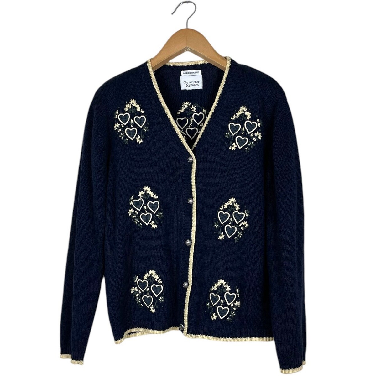 Vintage Christopher & Banks Hand Embroidered Navy Hearts