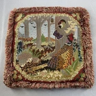 Needlepoint Pheasant Woodland Accent Pillow Cover 16" x 16" Fringed Hand Crafted