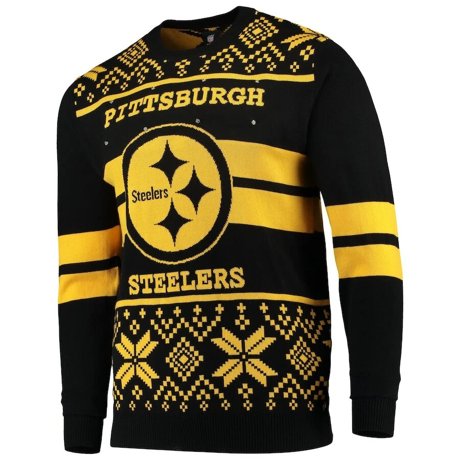 football Pittsburgh Black/Gold Light Up Ugly Sweater, Gift For Fan