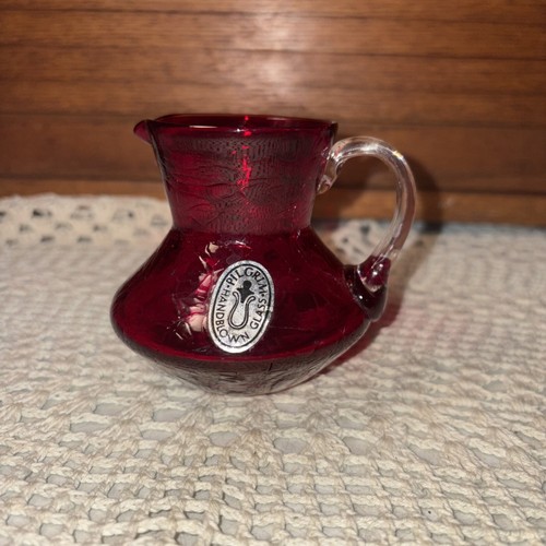 Vintage Pilgrim Glass Red Crackle Squat Pitcher, 3.25 Inch Applied Clear Handle