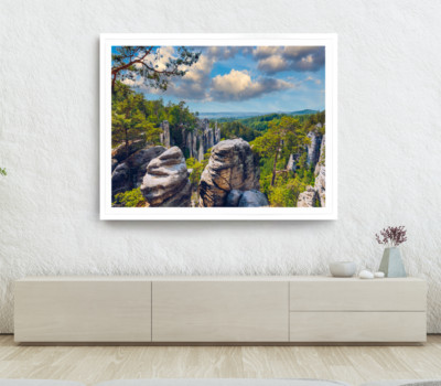 Rock Mountrain Print,Forest Wall Art, Cloudy Sky Framed Nature Wall Art, Natural
