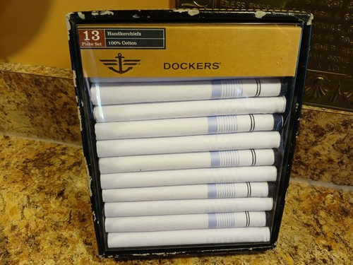 Men's Dockers Handkerchiefs 13 Pc. Set 100% Cotton White w/Pwdr Blu-Navy Stripes - Picture 2 of 16