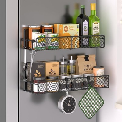 Magnetic Spice Rack for Refrigerator, 2 Pack 100 Metal Strong Magnet Shelf Bl...