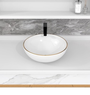 Fulorni 13''x13'' Bathroom Vessel Sinks Round Shape with Gold Rim Above Counter005
