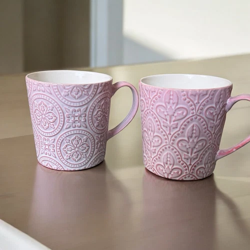 Mikasa Gourmet Basics Stoneware Mug Pink Medallion Patterns Set Of 2 VTG