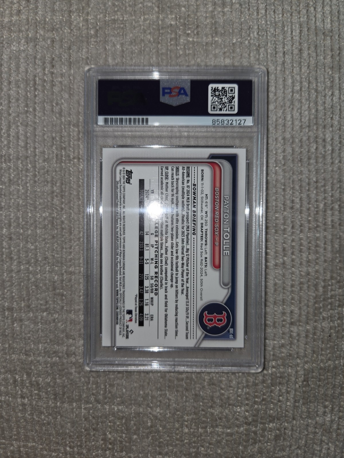 Payton Tolle Signed 1st Bowman Chrome Ref Auto /250 Boston Red Sox PSA AUTHENTIC view 2