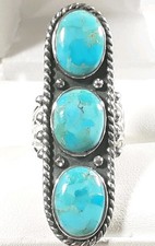 925 STERLING SILVER ELONGATED BRAIDED 3 STONES TURQUOISE SIZE 7 RING 9.5g