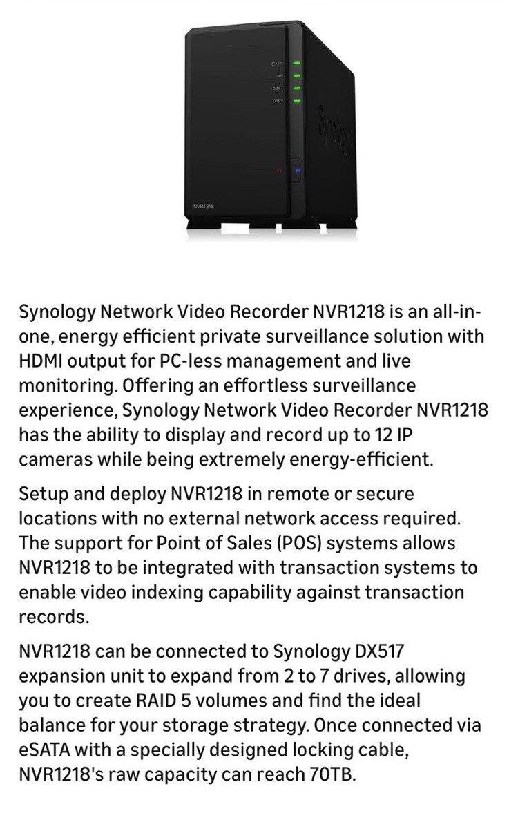 Synology NVR1218 (USBトングル付) Synology NVR1218 Standalone Network Video Recorder Supports Up To