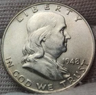 1948 P Franklin Half Dollar, Choice AU, 90% Silver - 0.3617 Troy Ounces, F48p3