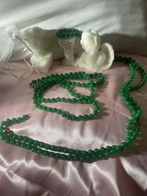 Green Apple Jade Beaded Necklaces Long 9mm  23  &29  Untested SALE