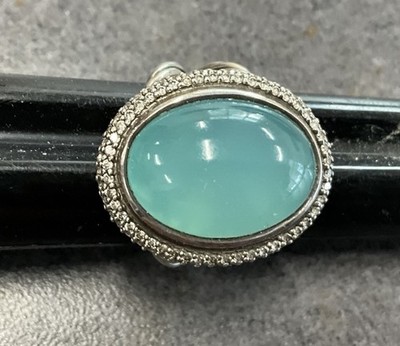 David Yurman Sterling ALBION Oval Aqua Chalcedony & Diamond Cocktail Ring 6.75
