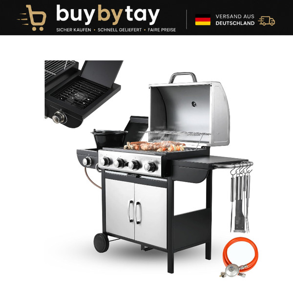 Gasgrill 4+1 Brenner Edelstahl Bbq Grillwagen Mit Seitenkochfeld 2,93-2,33Kw-image