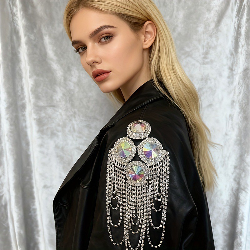 1x Shiny Rhinestone Tassel Shoulder Patch Suit Addition DIY Sew on Clothes Craft