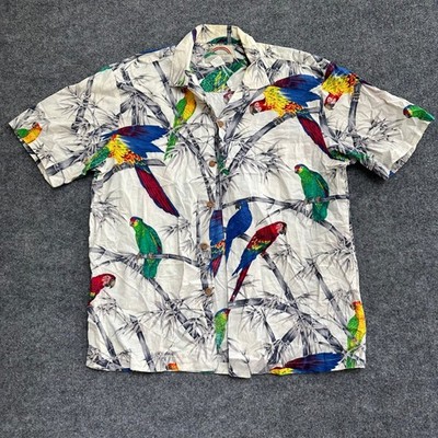Paradise Found Shirt Mens Size Medium White Parrot Bamboo Cotton Hawaii Aloha