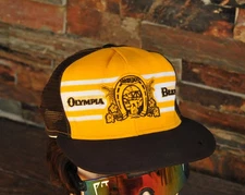 Vintage Olympia Beer Trucker Hat Cap Patch Gold Brown Striped USA Mesh Snapback