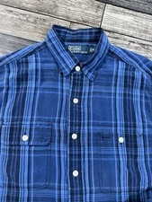 Polo Ralph Lauren Blue Linen Silk VTG Dual Pocket Button Collar M Shirt