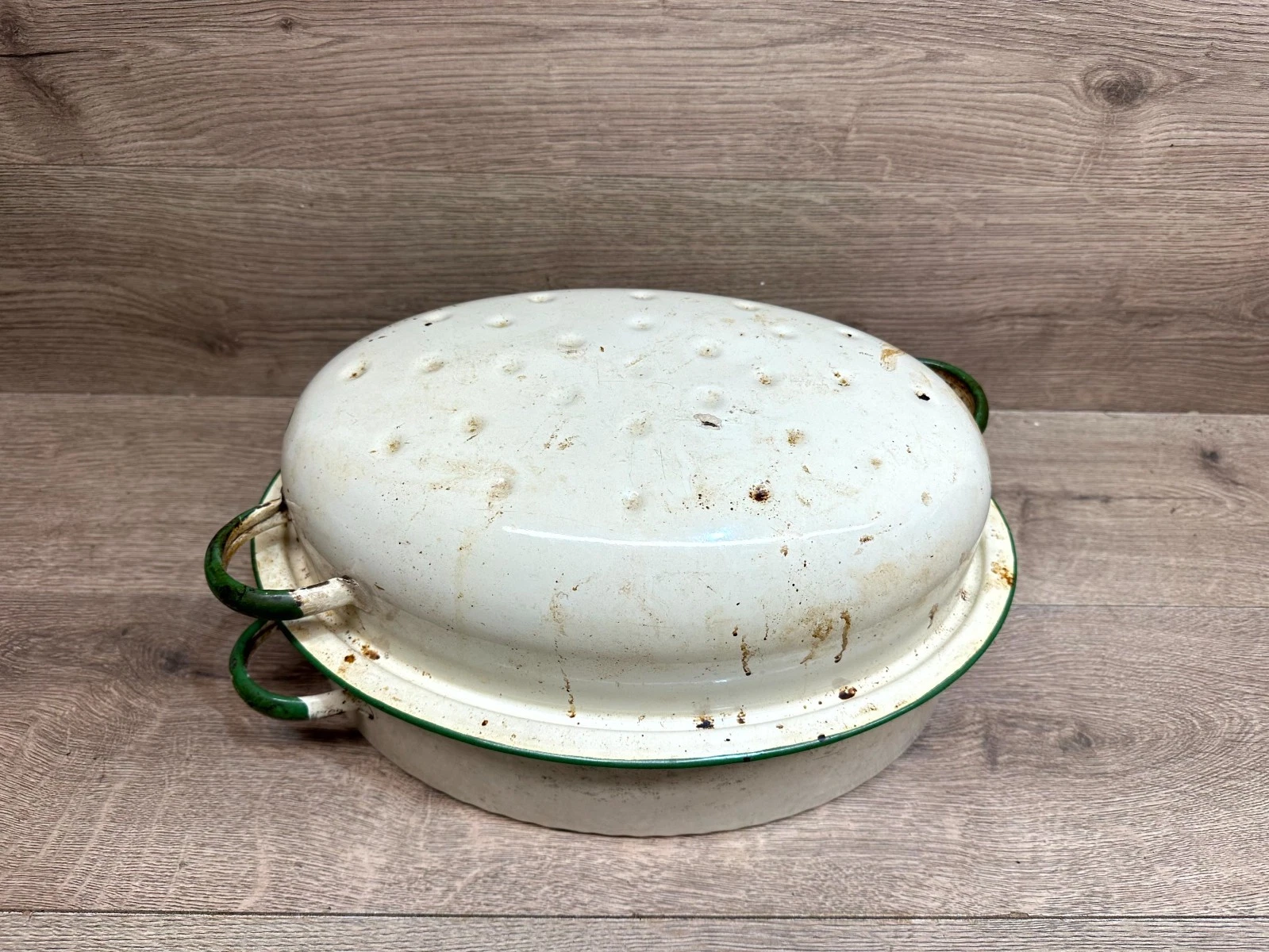 Vintage Enameled Cast Iron Roasting Dish Oval Beige with Green Trim Oven-Safe