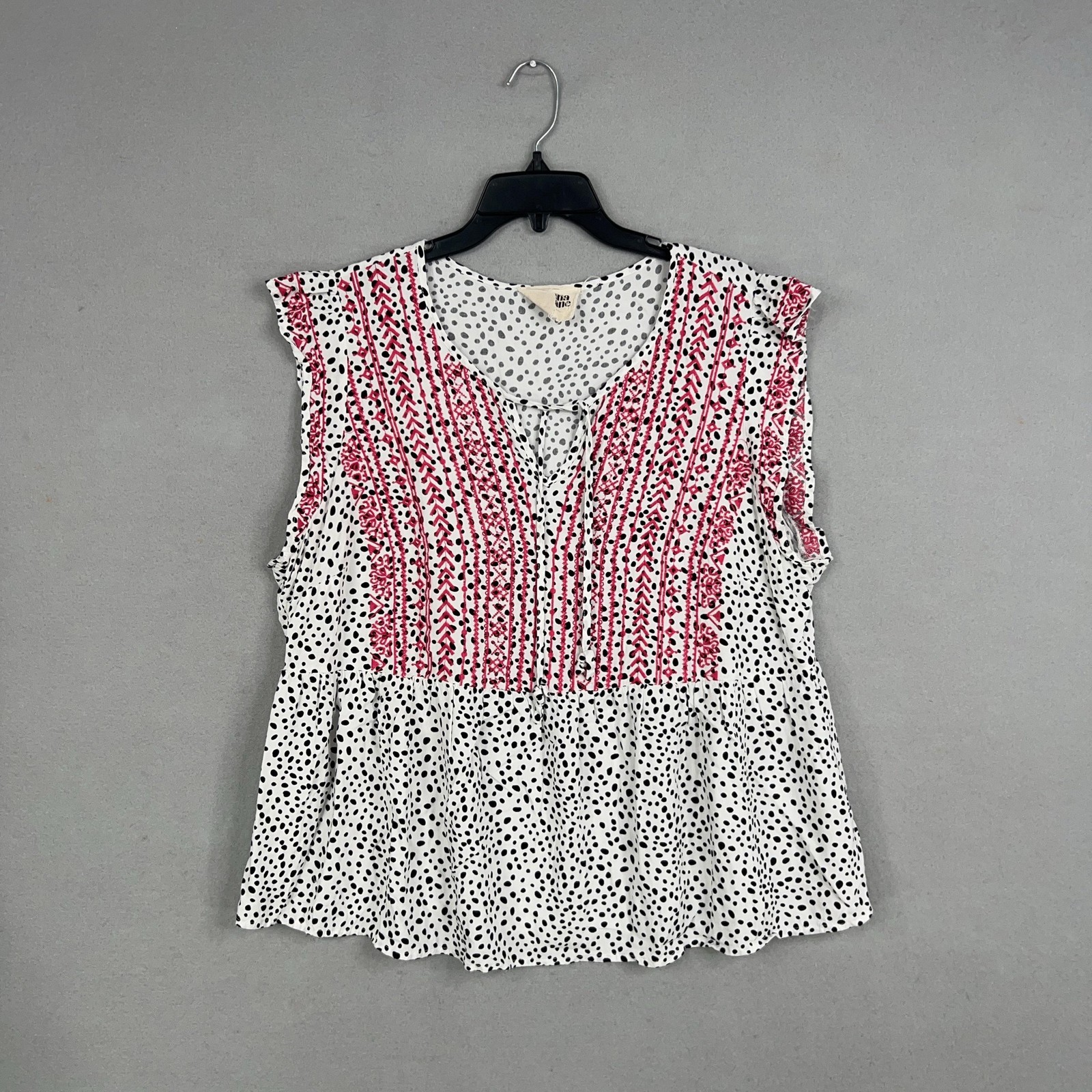 Savanna Jane Blouse Women 2X Black White Polka Dot Pink Embroidered Boho Western