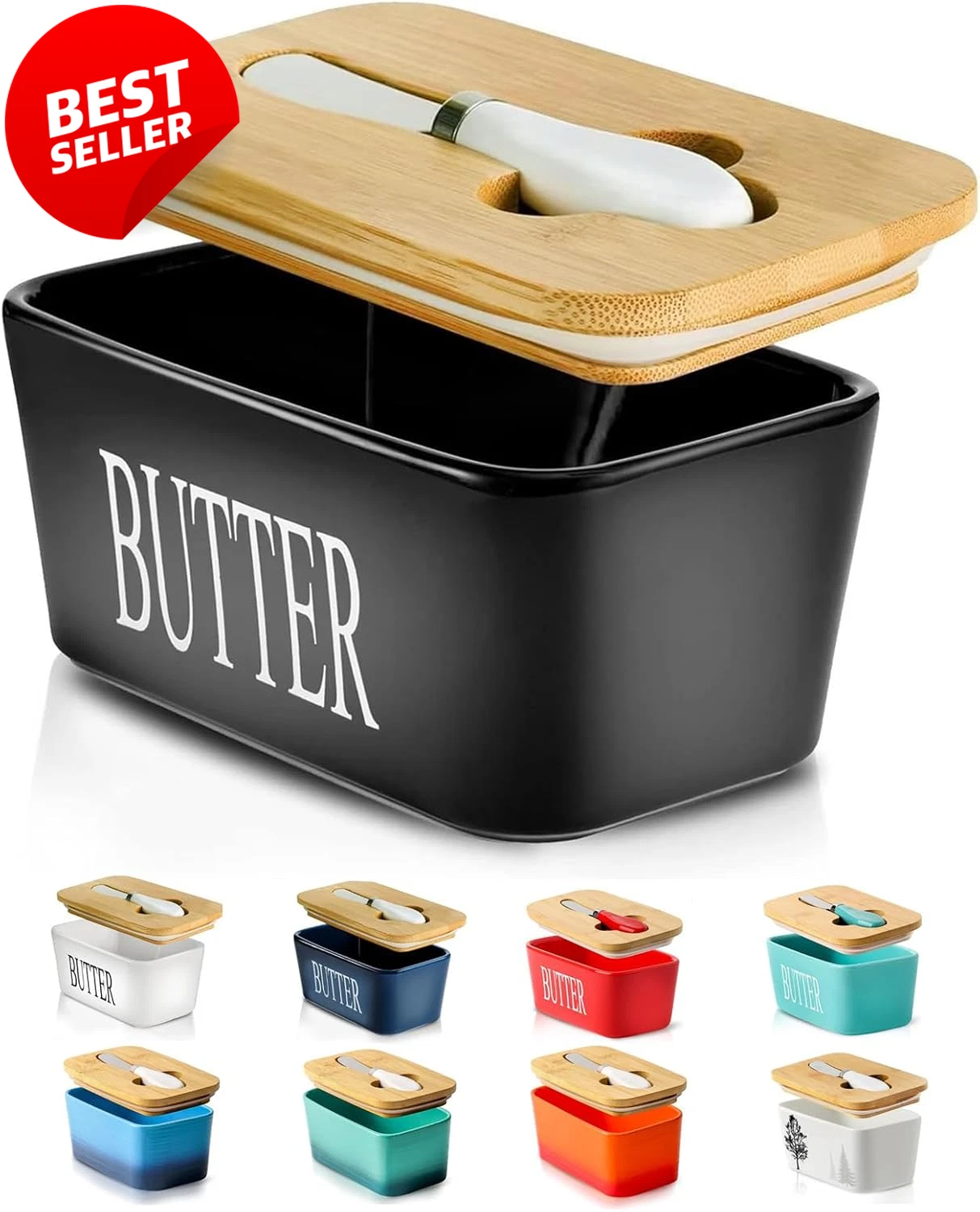 Butter Dish with Lid, Ceramic Butter Dish with Knife for Countertop, Airtight Co