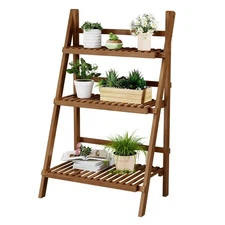 Bamboo Ladder Shelf Plant Shelf, 3 Tier Foldable Ladder Flower Pot Display Sh...