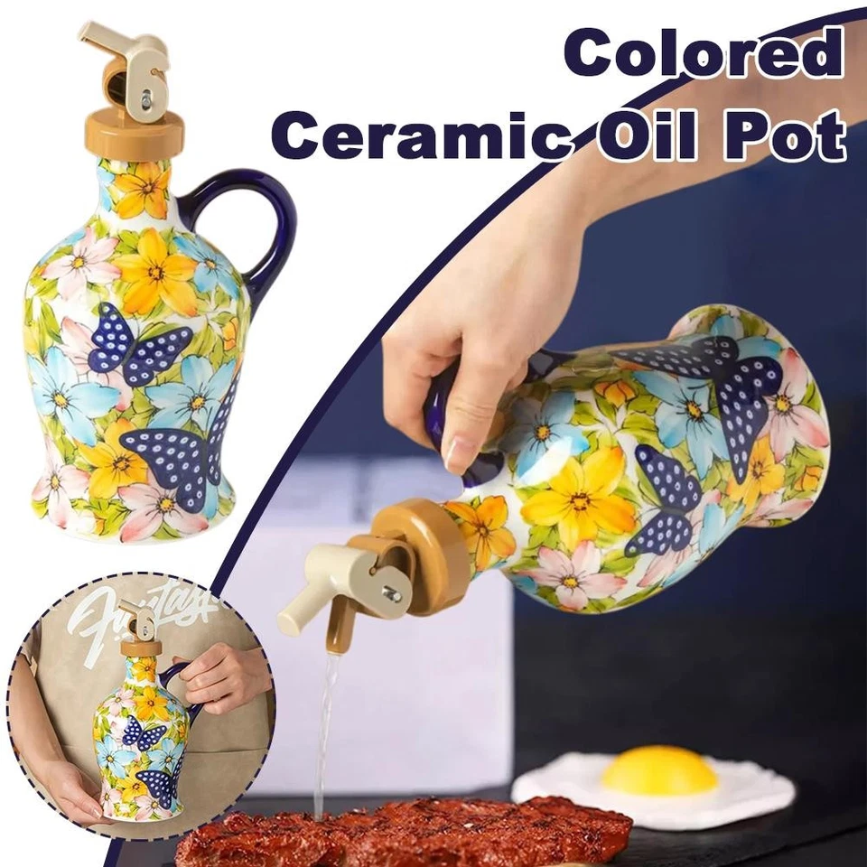 Colored Ceramic Oil Pot 600ml' Wide Mouth Drip-proof Oil Spout Olive L8M1