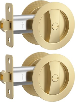 2 Pack Haidms Brushed Gold Pocket Door Lock, Pocket Door Hardware, Round Brass