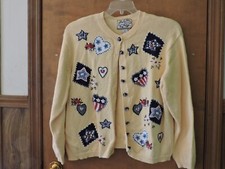 Vintage Heirloom Collectibles Cardigan Womens Yellow Sweater Patchwork Heart XL