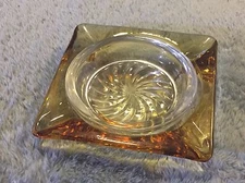 Vintage Retro Ashtray Glass Two Piece Amber Square & Clear Circle Center