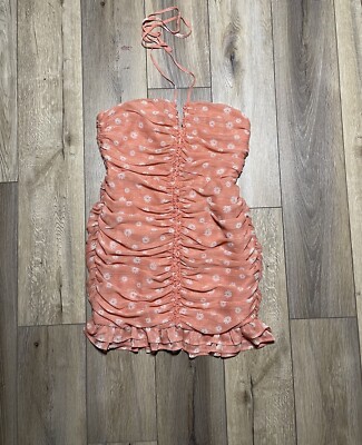 NWT Forever 21 Orange White Floral Mini Ruched Halter Neckline